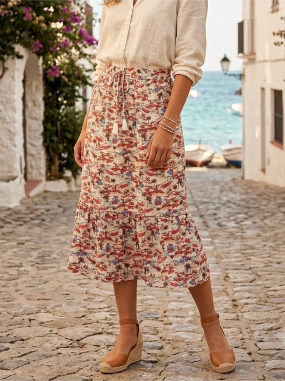 Nanette Lepore Tropical Resort Beach Print Tiered Vacation Midi Skirt Medium